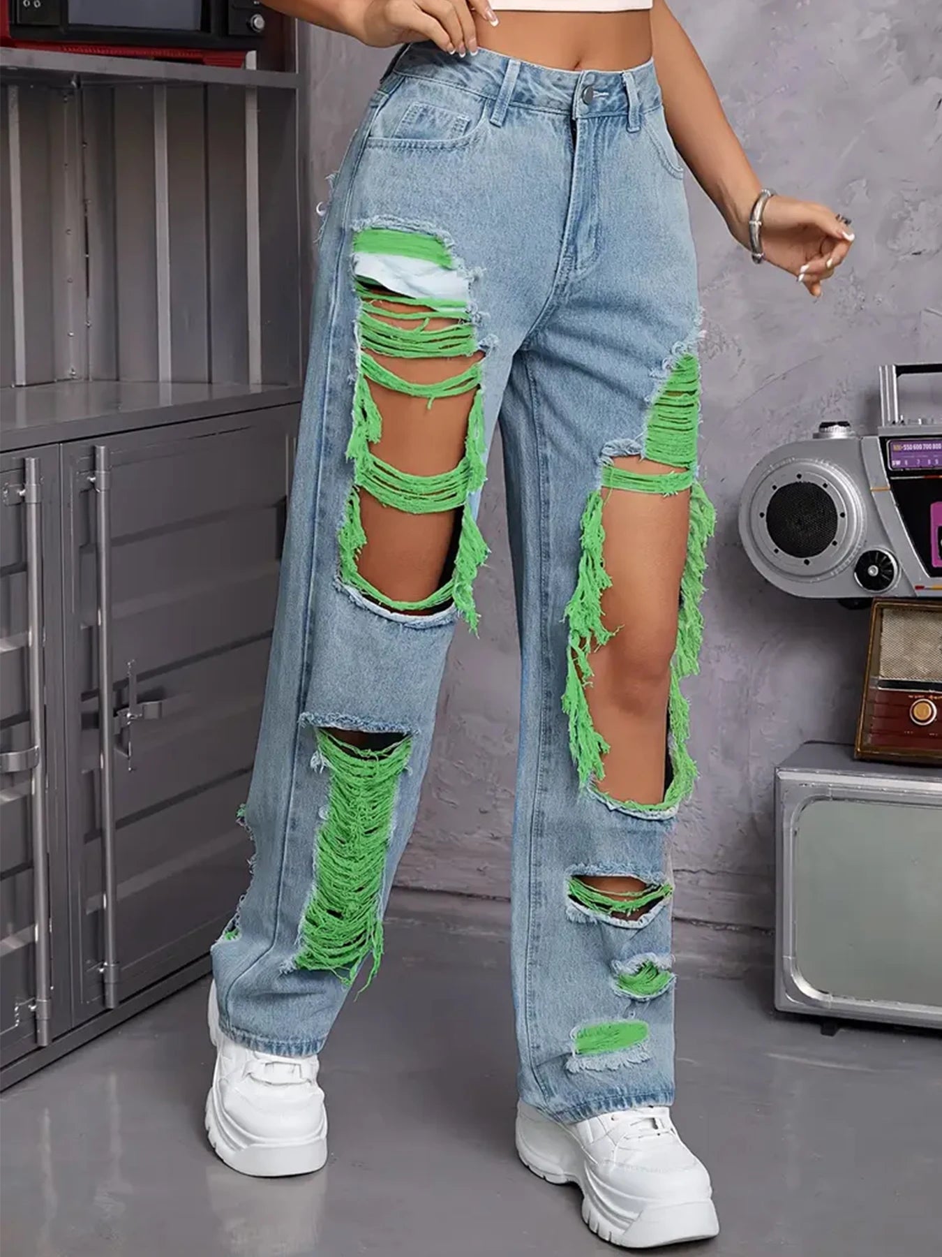 Ripped Denim Hollow-Out Washed Women's Baggy Hip-Hop Streetwear Jeans