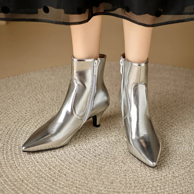 Metallic Solid Gold/Silver Kitten Heel Pointed Toe Side Zipper Chelsea Ankle Boots