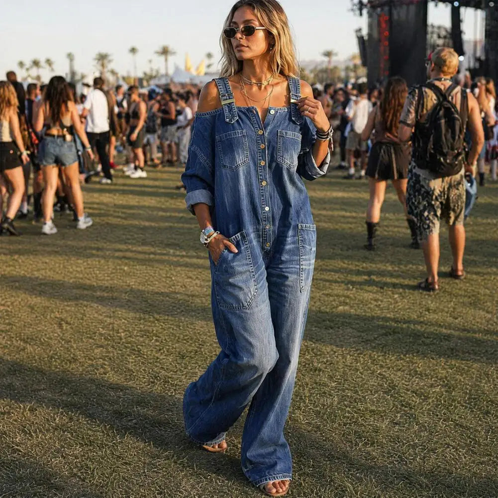 Denim Off-the-Shoulder Stretch Long Sleeve Women's Overall Wide Leg Jeans Jumpsuit to 3X Plus Size