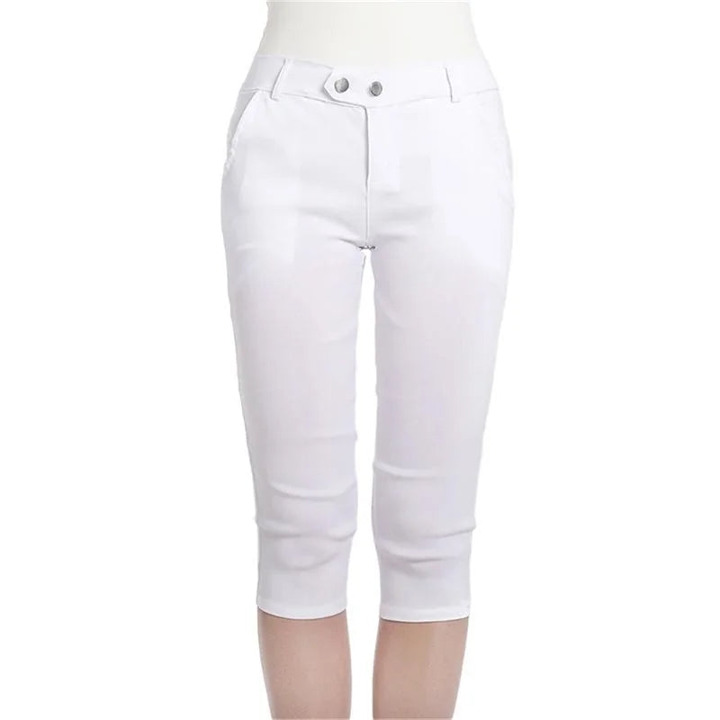 Ladies Solid Color Button Fly Basic Capri Pants