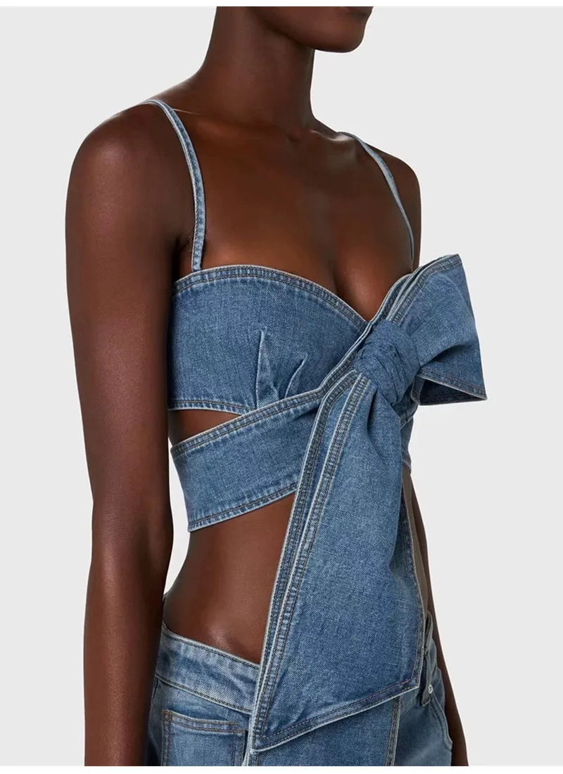 Denim Oversized Bowtie Detail Bandage Crop Top + High Waist Wide Leg Cargo Jeans Ladies 2-Piece Set