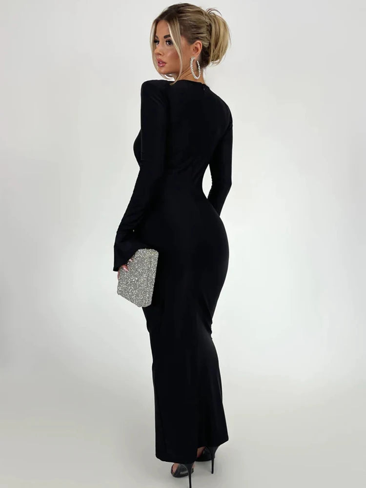 Ruched Pleated Bodycon Long Sleeve Maxi Dress