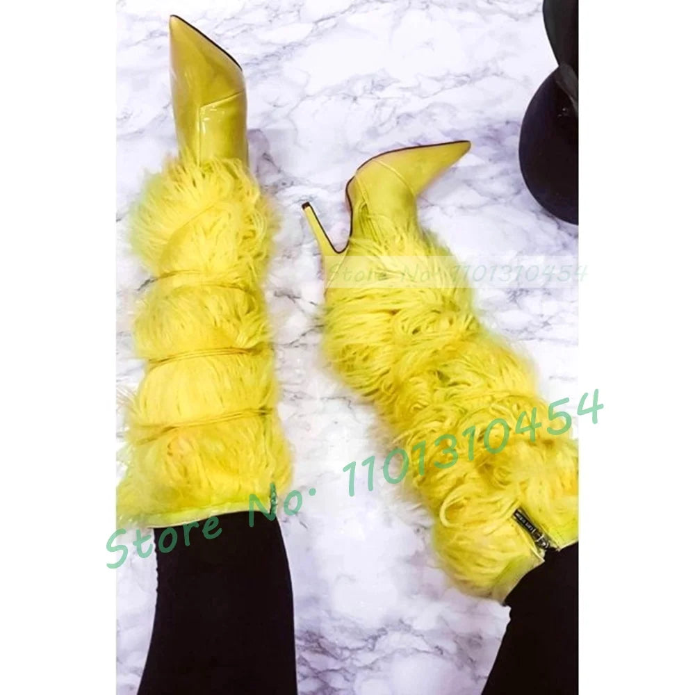 Yellow Glossy Patent Leather Curly Faux Fur Women's Pointed Toe Crosstied Knee-High Boots