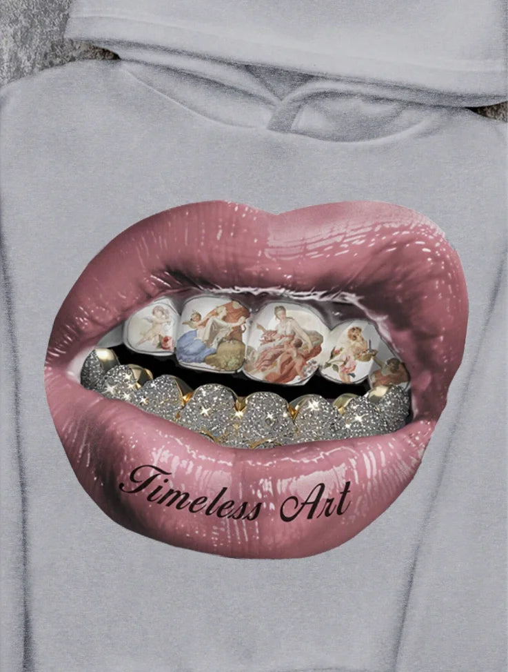 Men's Pink Lip Print Long Sleeve Hip-Hop Hoodie Sweatshirt
