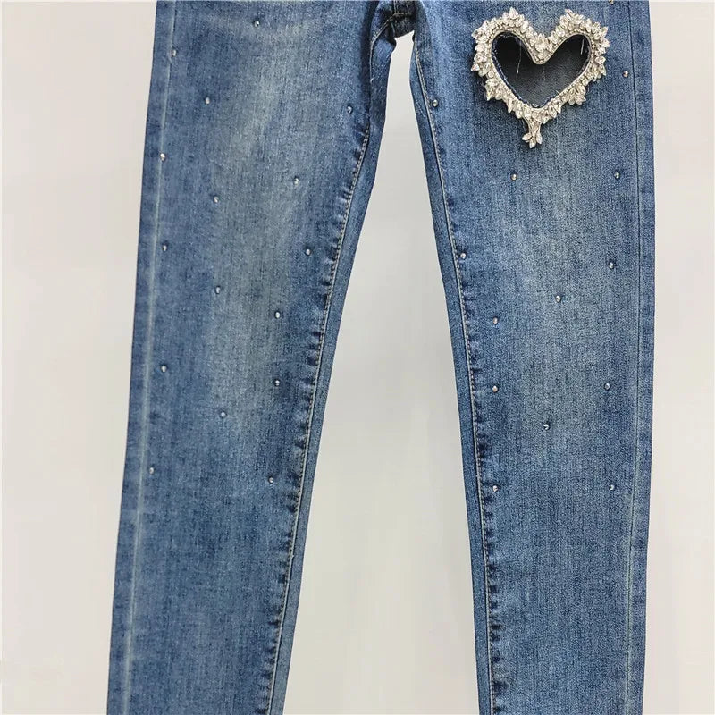 Pearl Diamond Cut-Out Heart Design Elastic Women's Ankle-Length Skinny Jeans