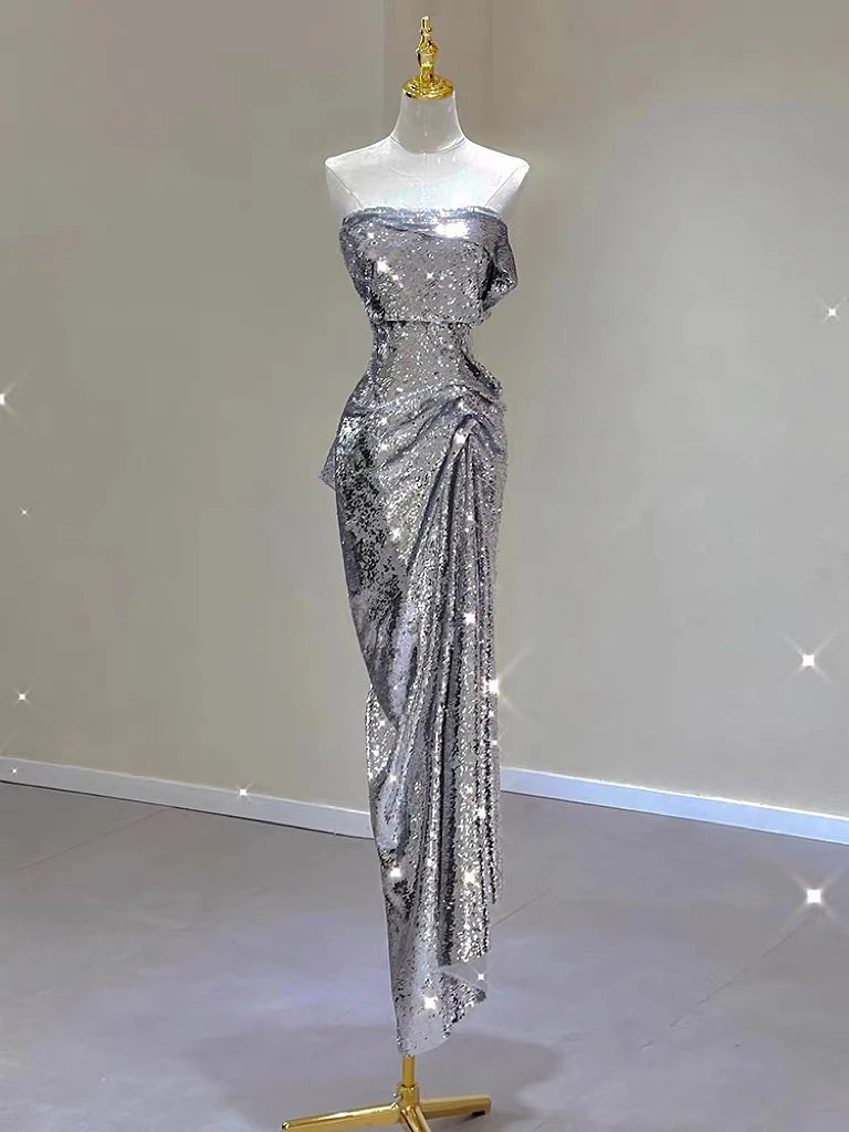 Silver Sequin Metallic Strapless Ruched Sleeveless Mermaid Formal Tube Dress