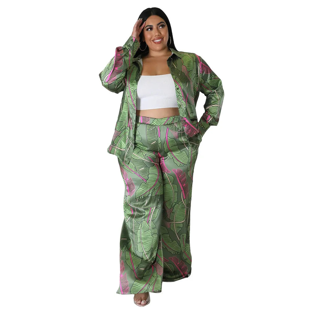 Flower Print Long Sleeve Blouse + Trouser Pants 2-Piece Set to 4X