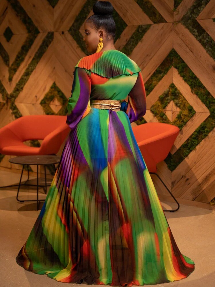 Pleated Ruffled Gradient Rainbow Colorblock Long Sleeve Maxi Dress