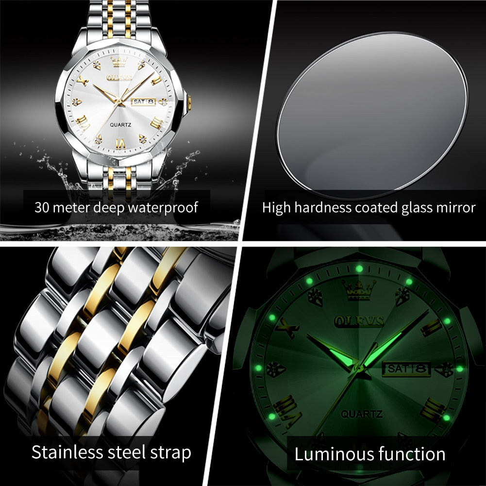 Dual Calendar Luxury Diamond Dial Waterproof Stainless Steel Strap Men's Watch