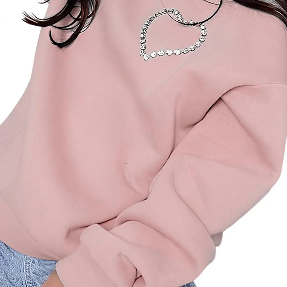 Heart Shape Ladies Backless Hollow-Out Rhinestone Pullover Solid Color Hoodie