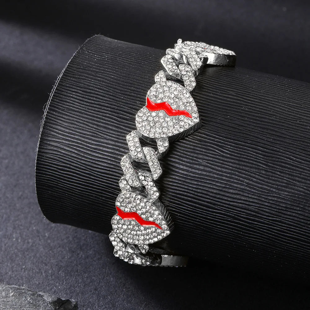 Hip Hop Broken Love Heart Rhombus Cuban Chain Iced Out Alloy Inlaid Rhinestone Bracelet