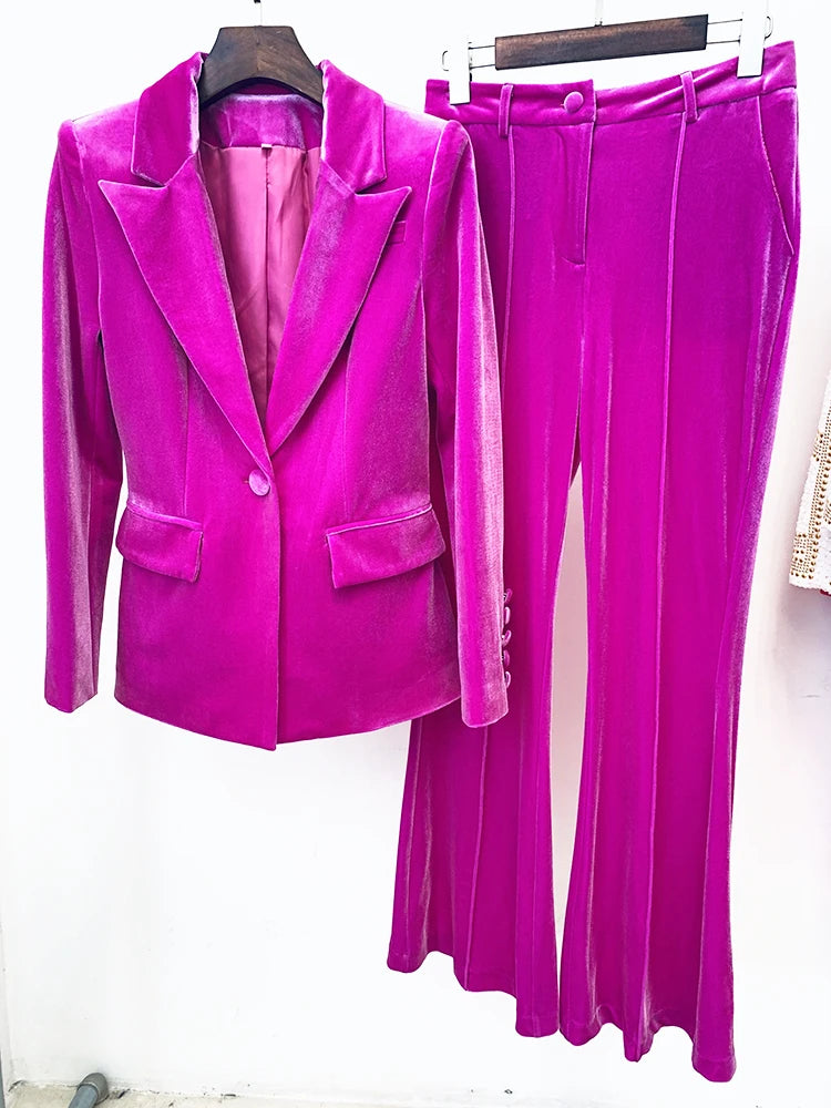 Velvet Designer Runway Women's Single Button Lapel Blazer Jacket + Flare Pants Suit