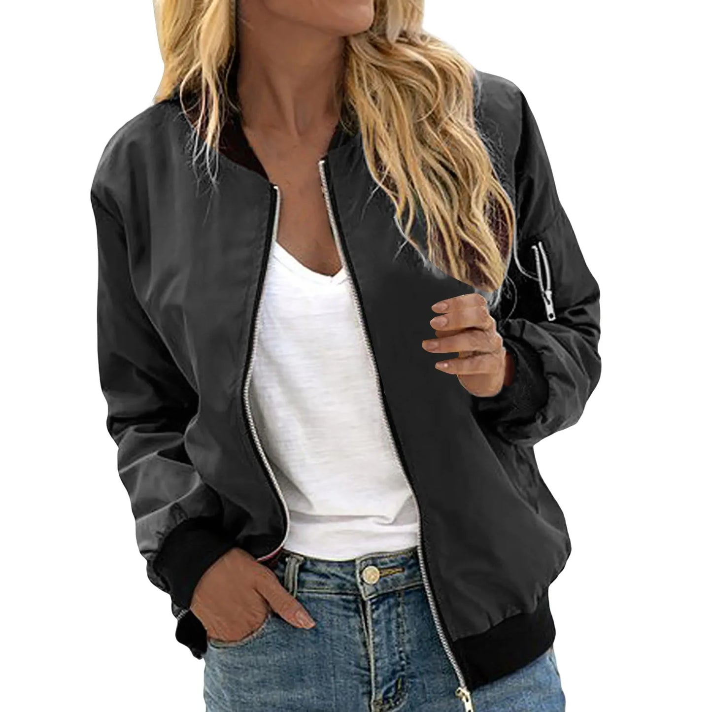 Mandarin Collar Women's Zipper Cargo Pocket Sleeve Design Bomber Jacket
