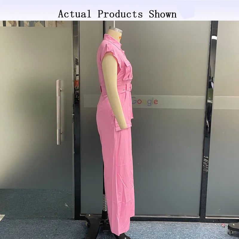 Pink Button Up Short Sleeve Nipped Waist Wide Leg Cargo Jumpsuit w/ Belt