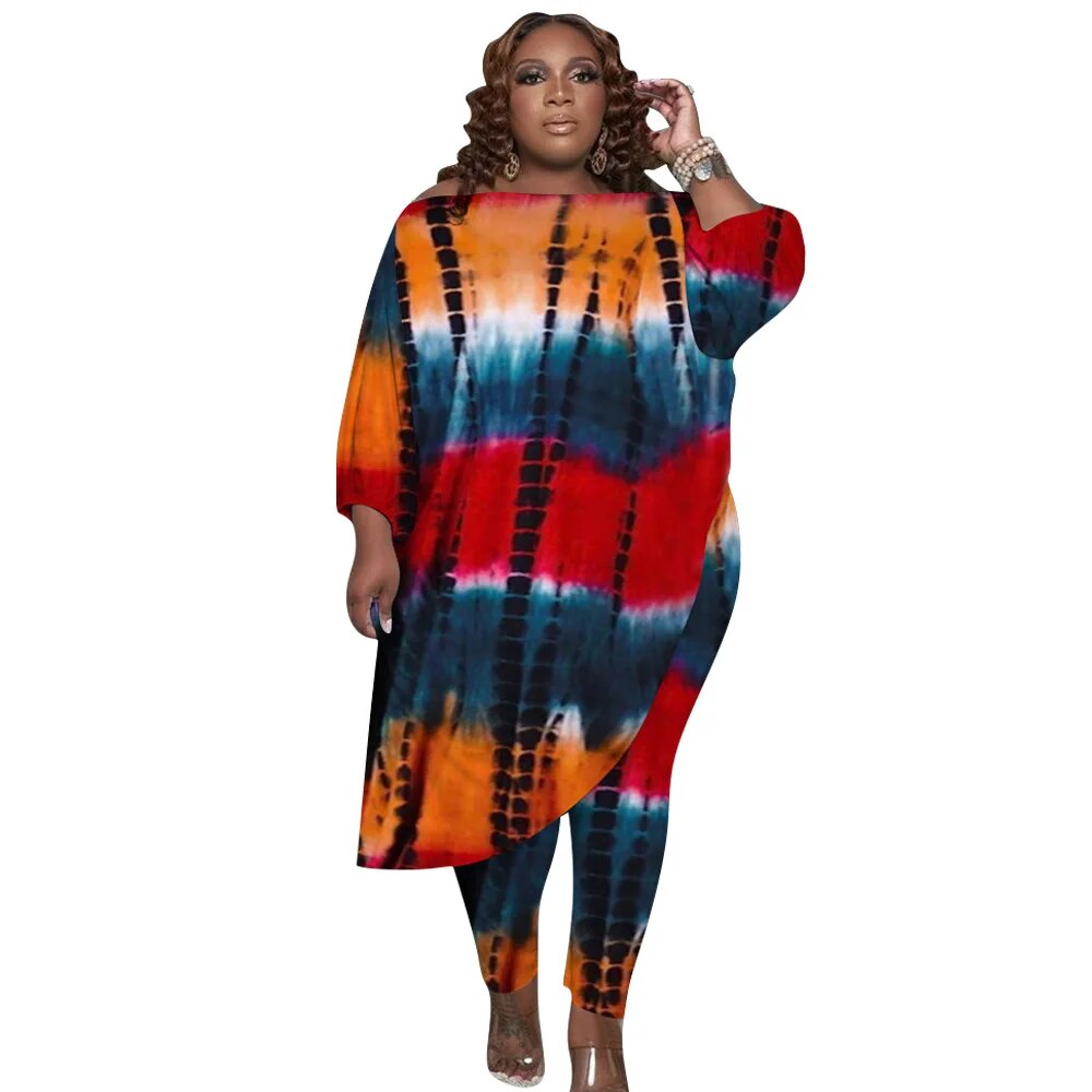 Tie Dye Print Plus Size Loose Oblique Shoulder Irregular Tops Two-Piece Set to 5X