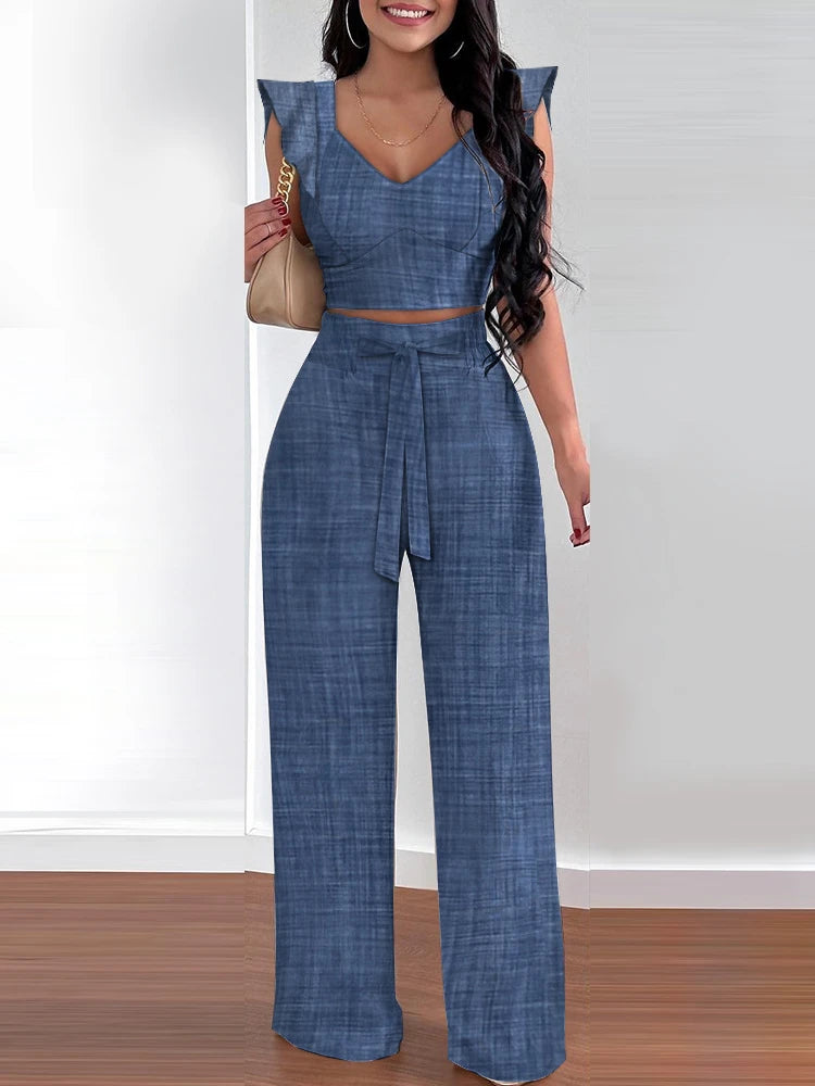 Linen Solid Ruffle Hem Shirred V-Neck Crop Top & High Waist Wide Leg Pants Women's 2-Piece Set