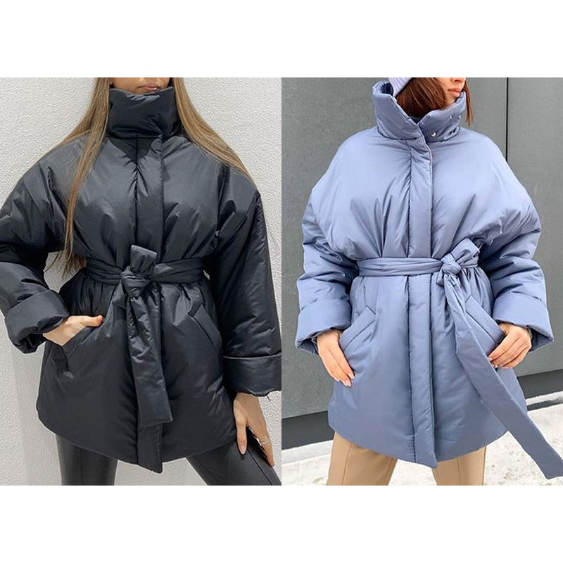 Solid Ladies Sash Belt Gathered Waisted Parka Jacket