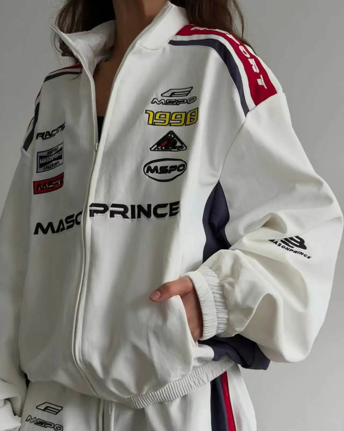 Racing Contrast Embroidered Loose Jacket + Wide Leg Sweatpants Women's Tracksuit