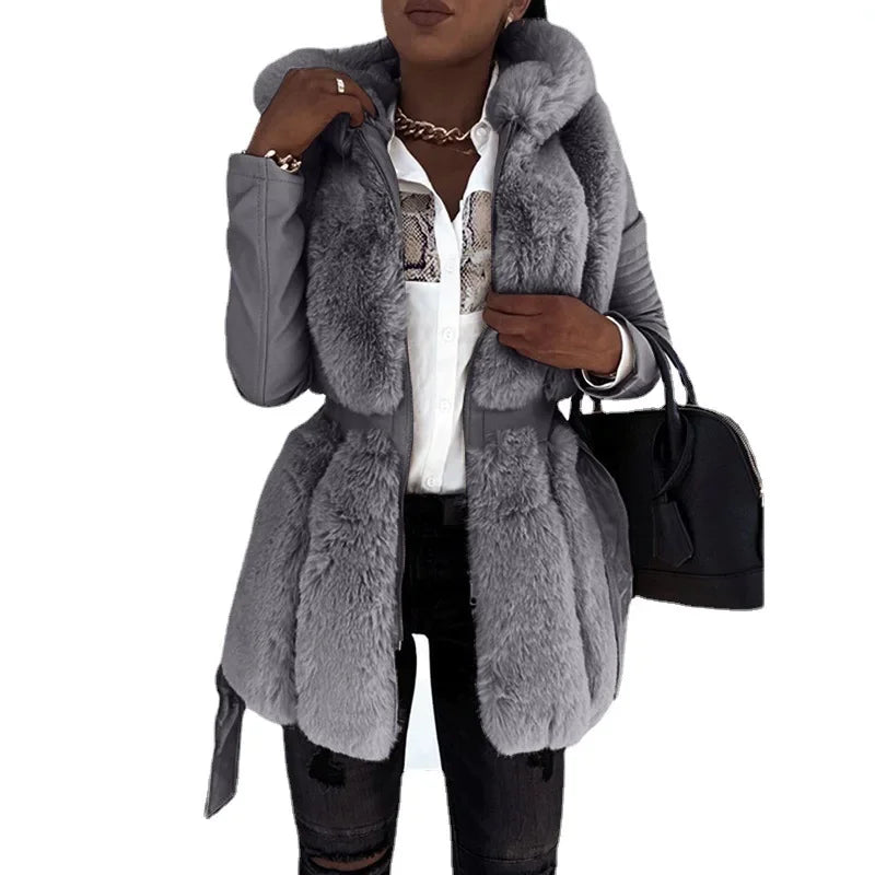 Patchwork Ribbed Sleeve Faux Fur PU Leather Solid Color Hooded Women's Zipper 3/4 Length Coat w/ Sash Belt