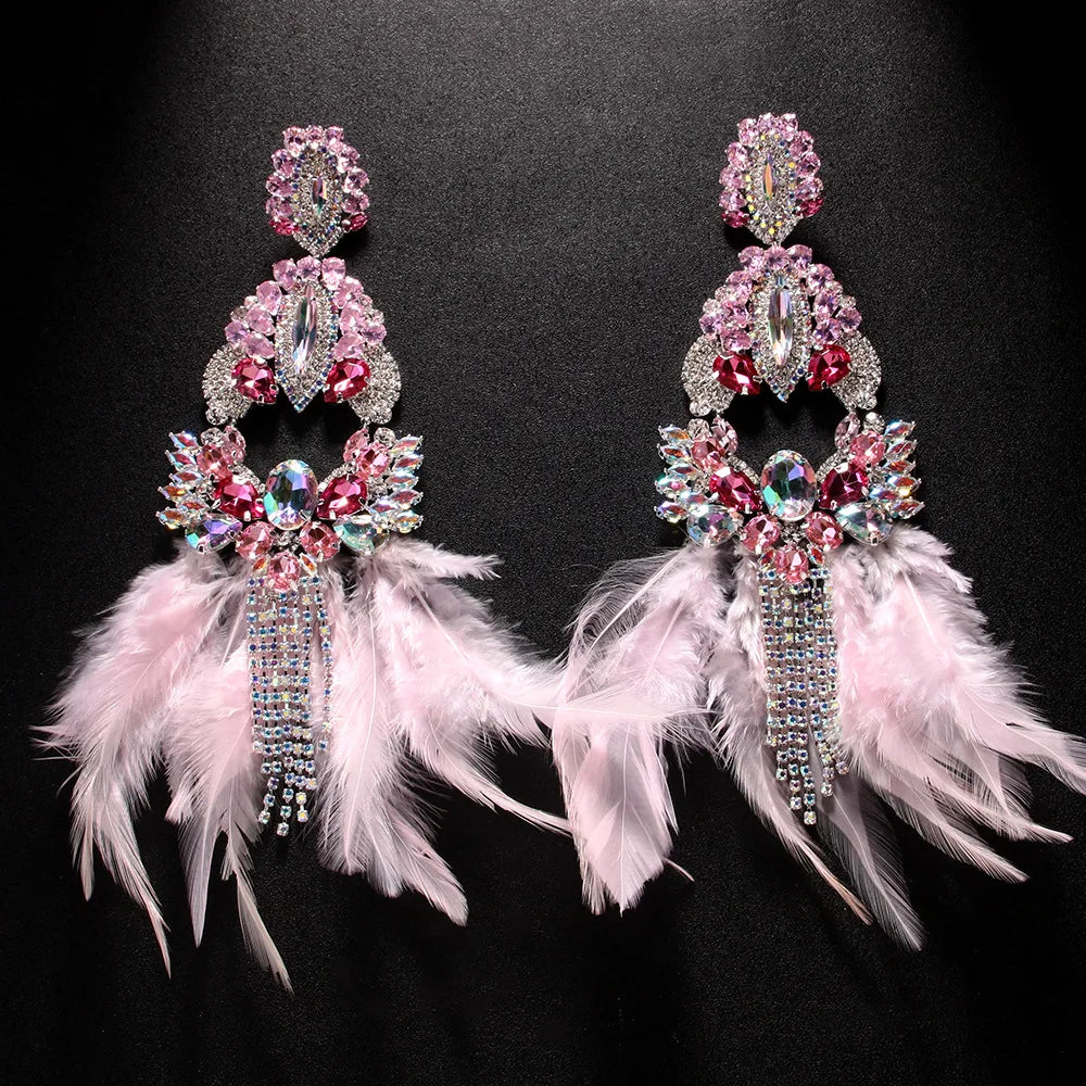 Pink Crystal Rhinestone Oversized Feather Tassel Fringe Earrings