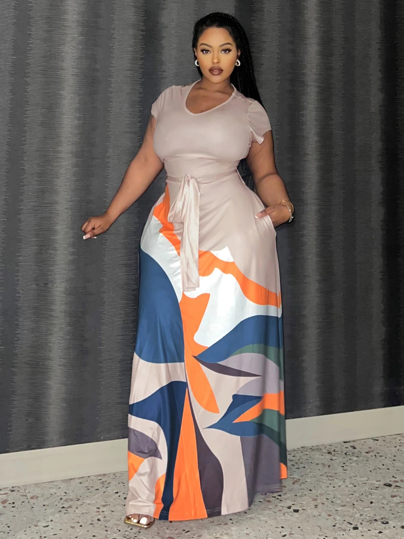 Geometric Multi-Colored Bandage Design Belted Short/Long Sleeve O-Neck Maxi Dress to 5X Plus Size