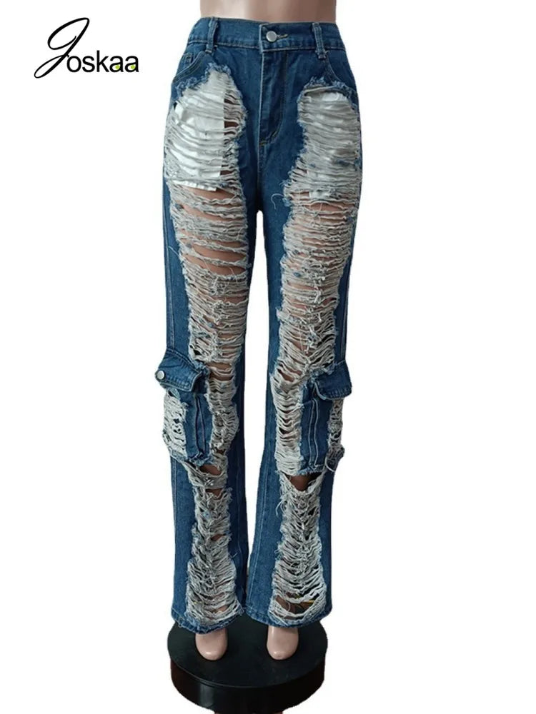 Solid Ripped Women's Hipster Hollow-Out High Waist Straight Denim Jeans