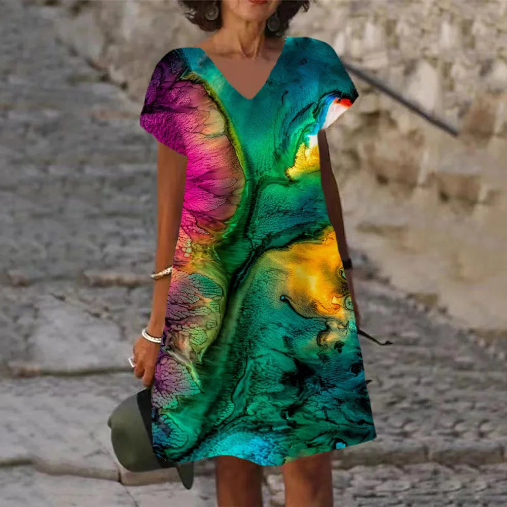 Abstract V-Neck Tie-Dye Rainbow Gradient Colorblock Splash Ink Paint Print A-Line Midi Dress to 6X