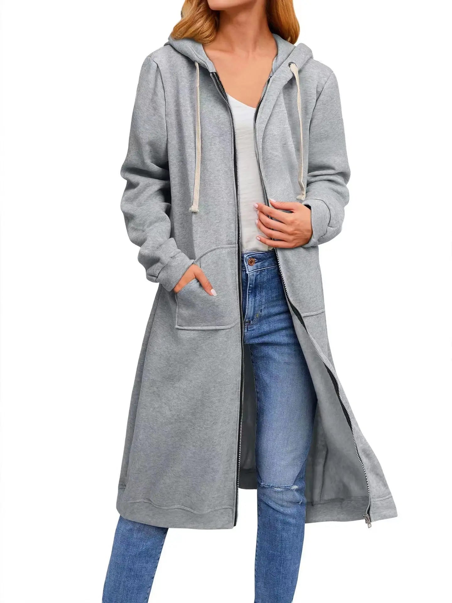 Drawstring Solid Color Women's Long Sleeve Zipper Maxi Hoodie Sweatshirt w/ Pockets