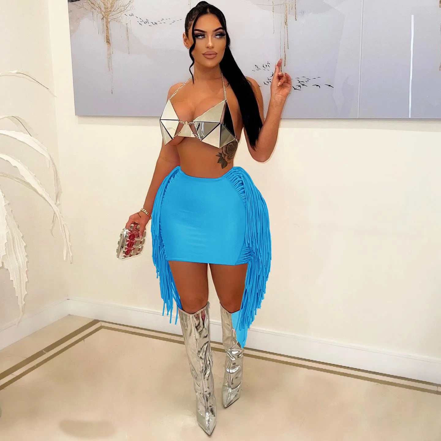 Hanging Fringe Tassel Design Bodycon Women's Solid Color Mini Skirts