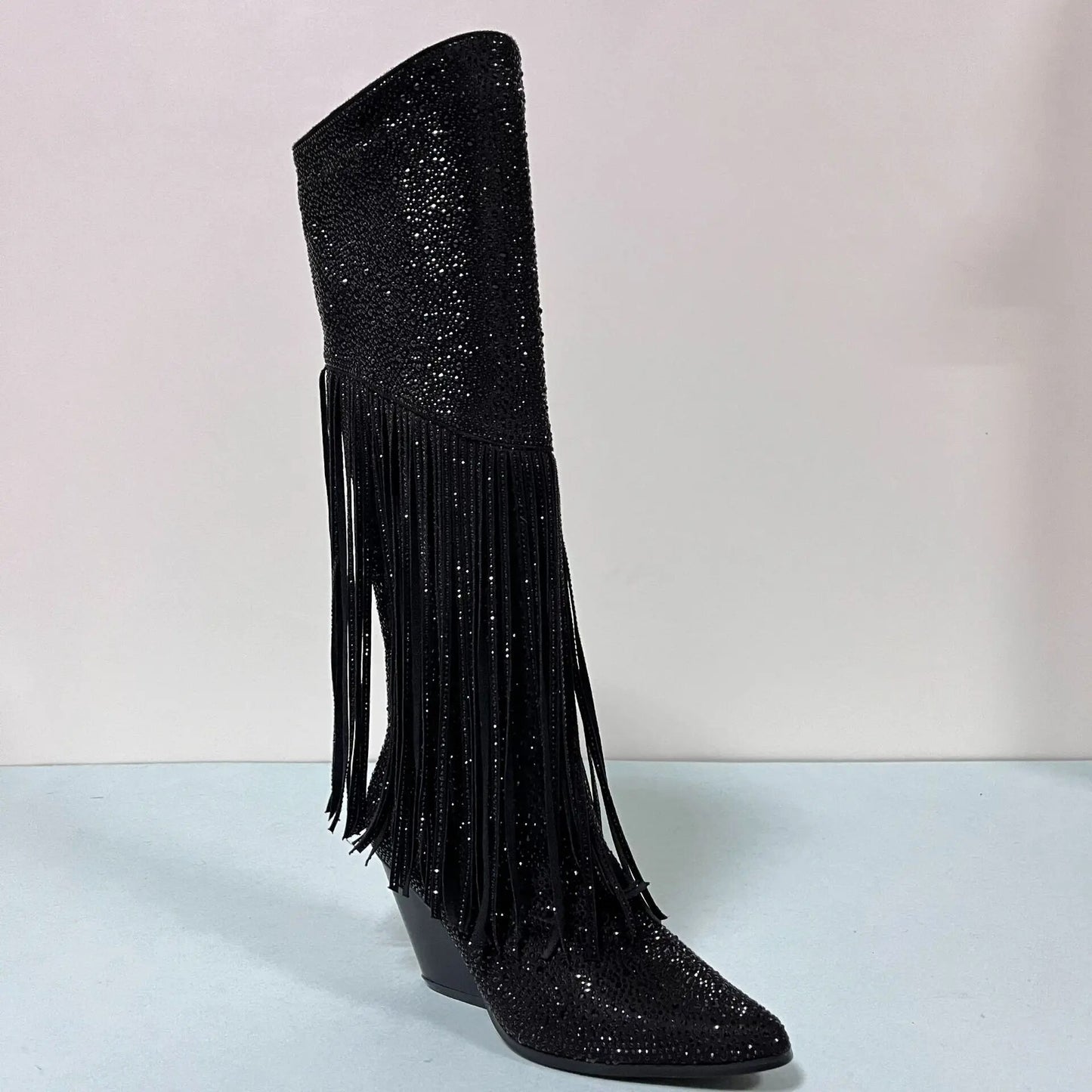 Glitter Crystal Long Tassel Knee High Wood Chunky Heel Pointed Toe Boots