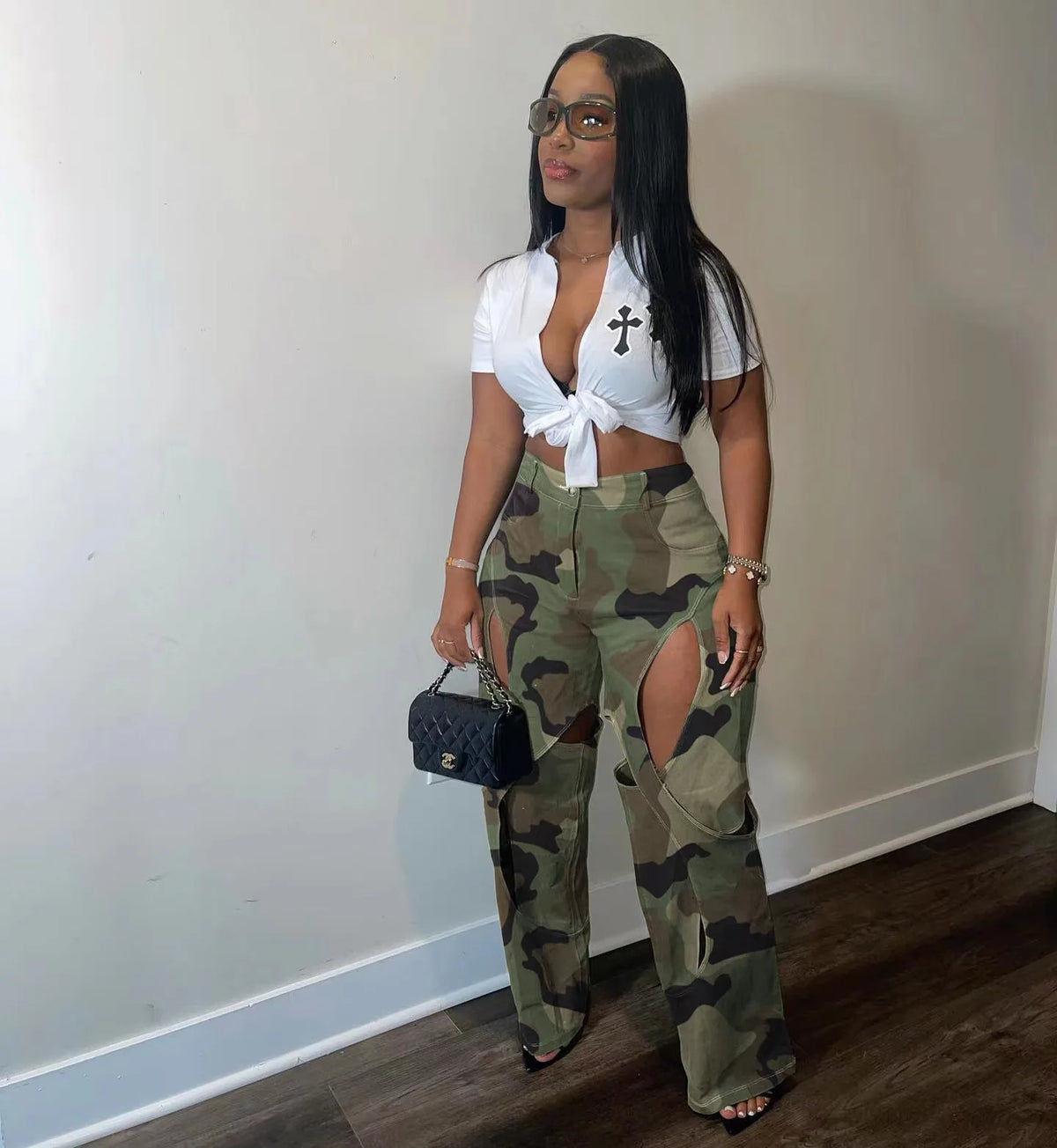 Colored Camoflauge Ripped Hollow-Out Design Women's Cotton High Waist Cargo Multi-Pocketed Streetwear Pants