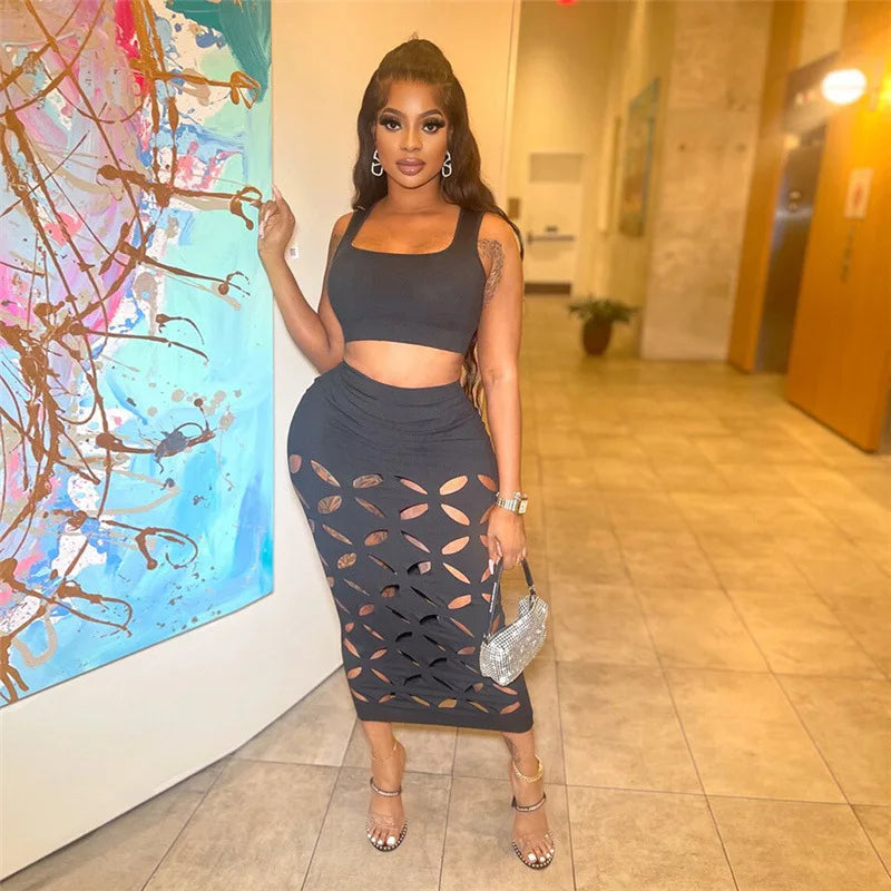 Sleeveless Solid Color Cropped Tank Top + Geometric Hollow-Out Floral Pattern Midi Skirt Women's 2-Piece Set