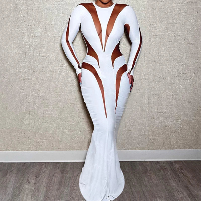Sheer Transparent Mesh  Colorblock Diagonal Striped Irregular Mesh Patchwork Long Sleeve Bodycon Skinny Maxi Dress