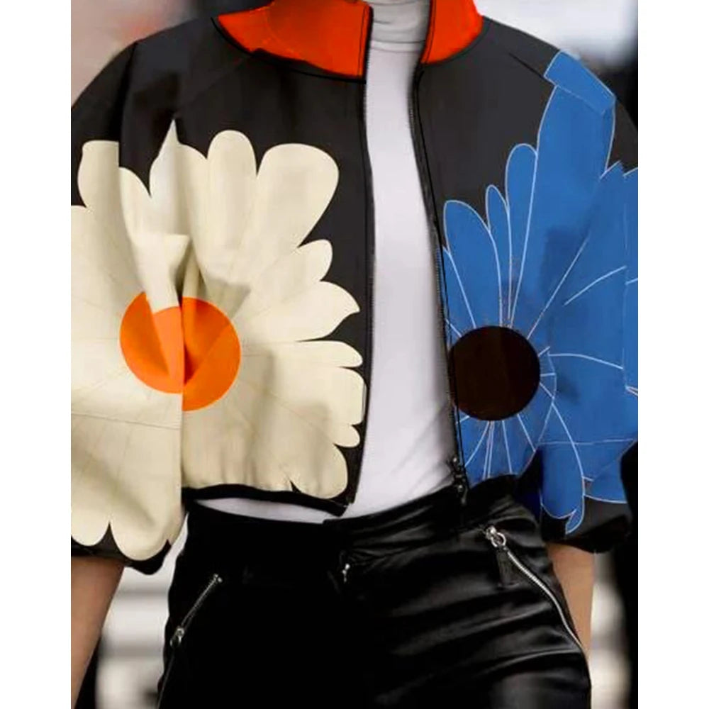 Big Flower Colorblock Lantern Sleeve Stand Collar Ladies Crop Bomber Jacket