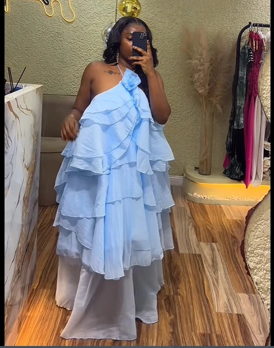 Oversized Tiered Sleeveless Floral Ruffled Design Loose Smock Strap Formal Maxi Dress