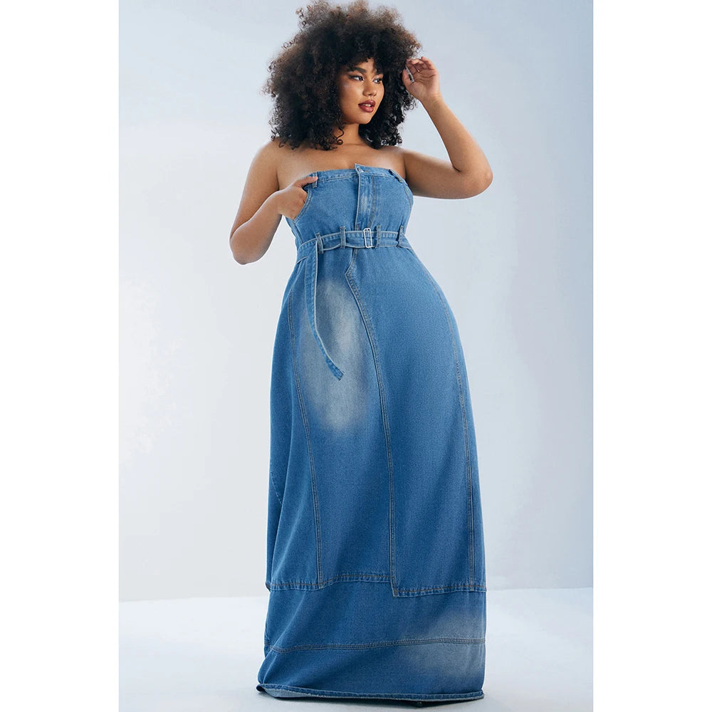 Denim Tube Design Off-the-Shoulder Retro Solid Color Belted Maxi Jean Dress to 4X Plus Size