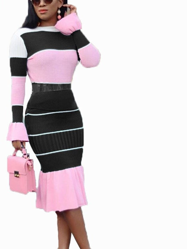 Striped Colorblock Patchwork Flare Sleeve Sweater & Ruffled Mermaid Midi Skirt 2-Piece Set