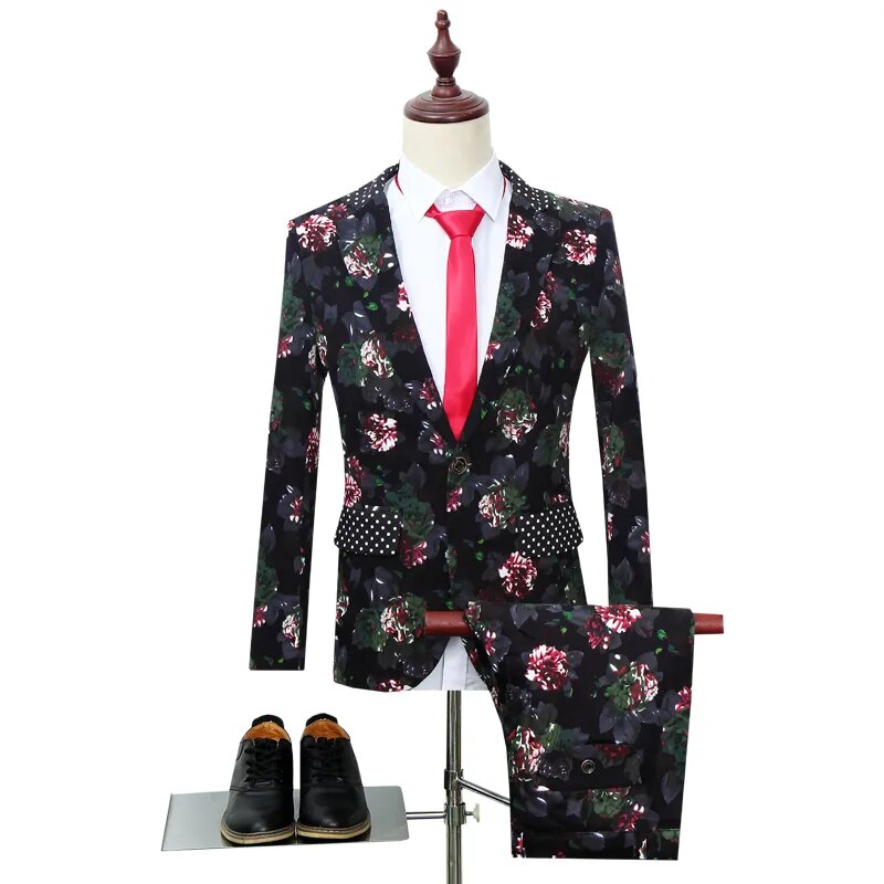 Business Casual Men's Skinny Fit Flower Printed Formal Tuxedo Suit