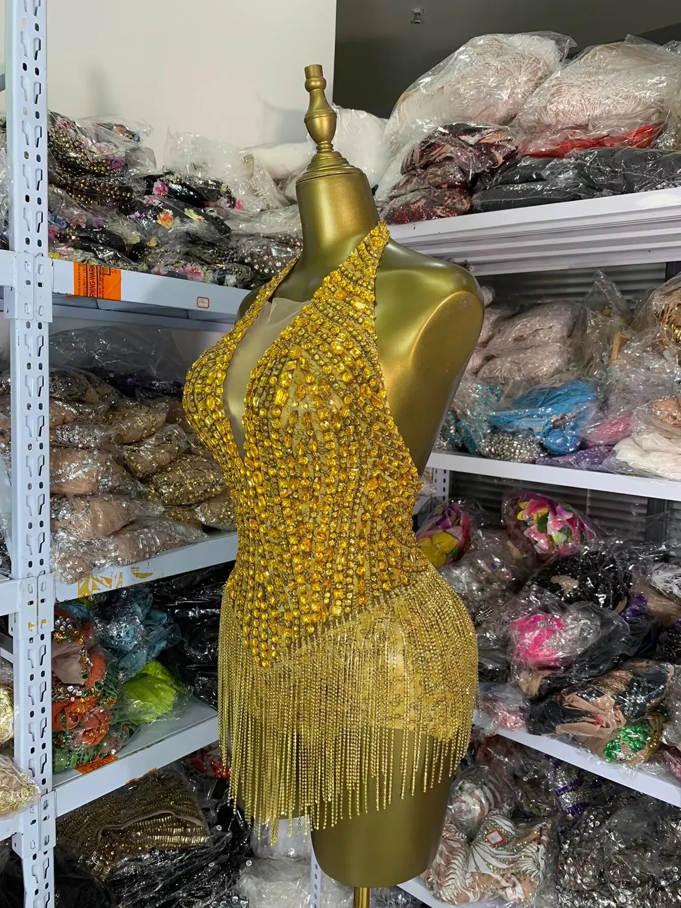 Sparkling Gold Rhinestone Sleeveless Tassel Fringe Design V-Neck Formal Women's Stage Performance Romper