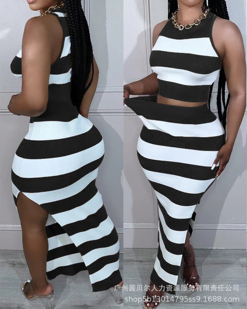 Striped Sleeveless O-Neck Cropped Cami Tank Top + High Slit Maxi Skirt Knitted 2-Piece Set