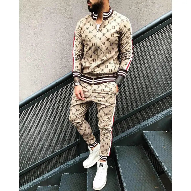 Velvet Monogram Side Striped Print O-Neck Sweat Jacket + Sweatpants Tracksuit