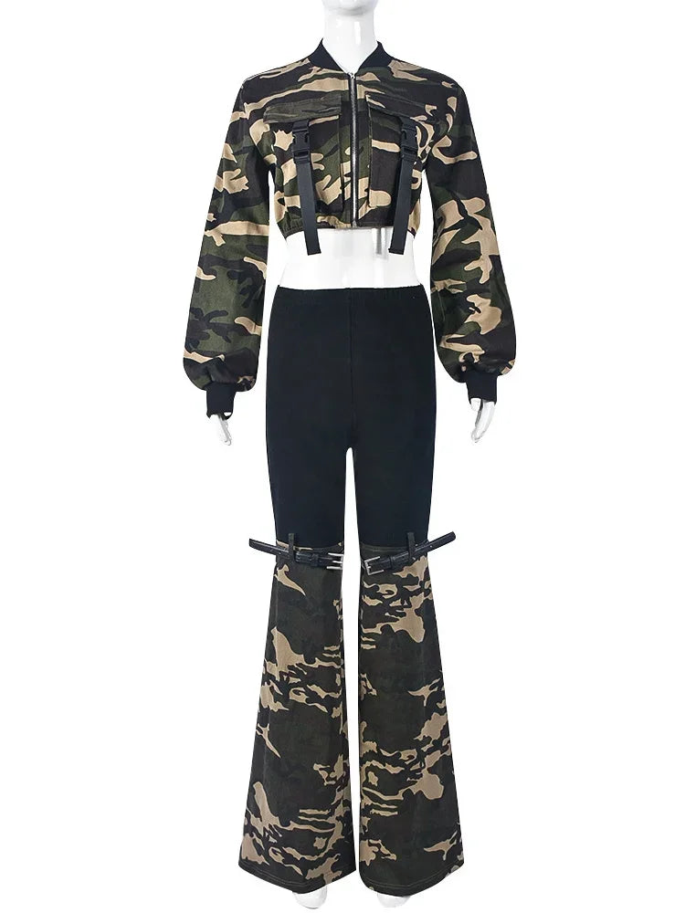 Camouflage Long Sleeve Ladies Cropped Zipper Bomber Cargo Jacket + Colorblock Flared Leggings 2-Piece Set to 3x Plus Size