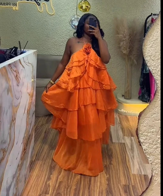 Oversized Tiered Sleeveless Floral Ruffled Design Loose Smock Strap Formal Maxi Dress