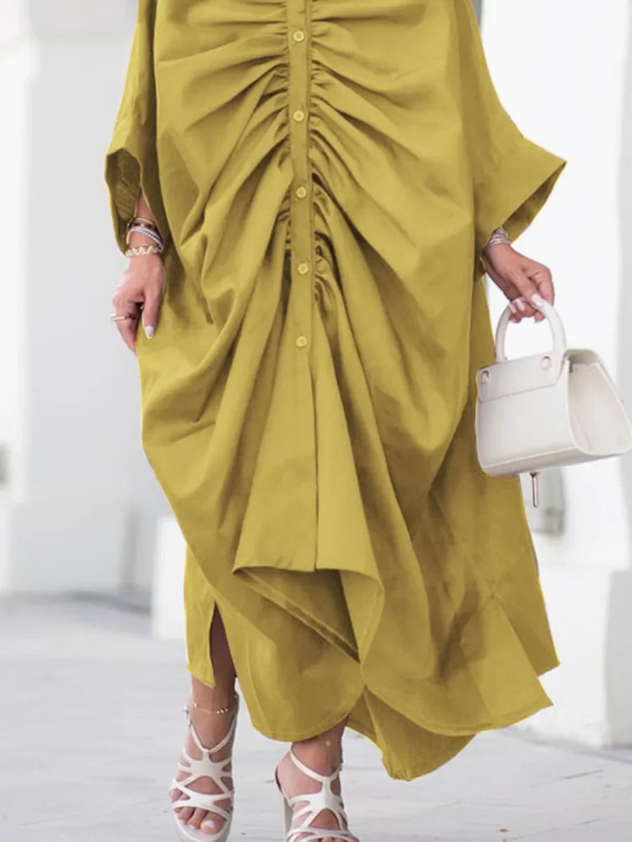 Oversized Ruched Gathered Long Sleeve Turn-Down Collar Button-Up High Street Maxi Shirt Dress