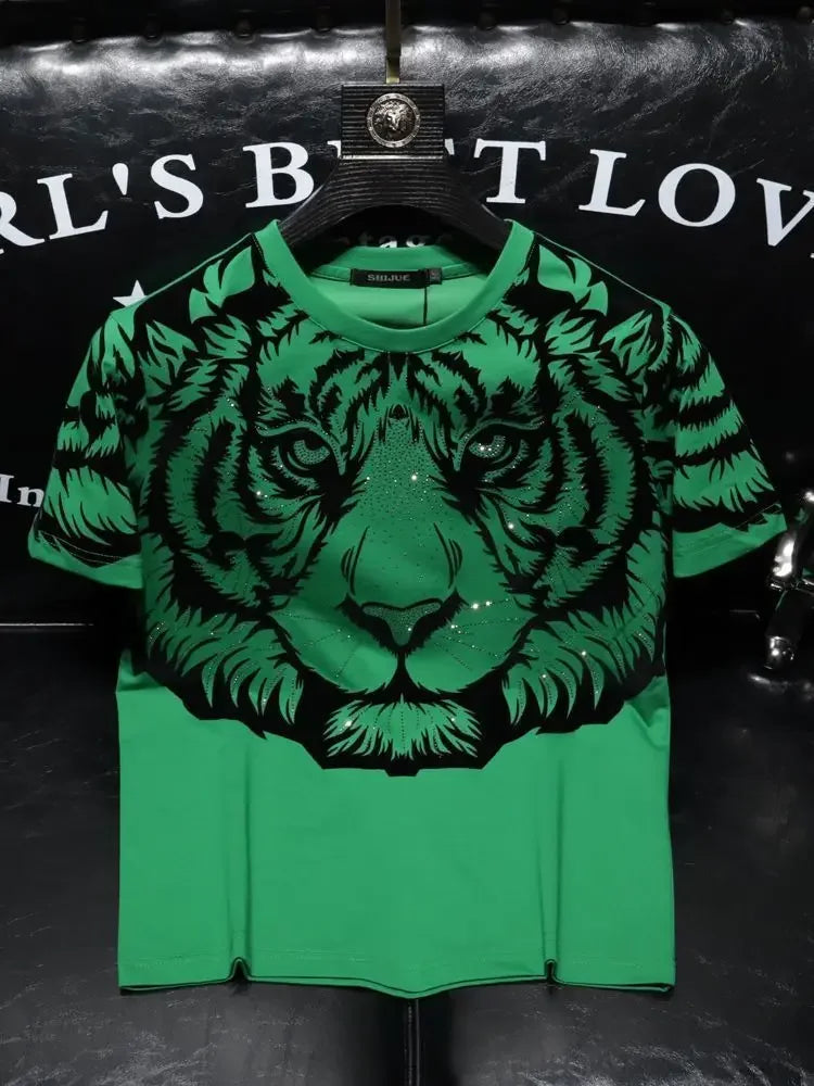 Rhinestone Green/Black Tiger Print Men's O-Neck Short Sleeve T-Shirt to 7X Big & Tall