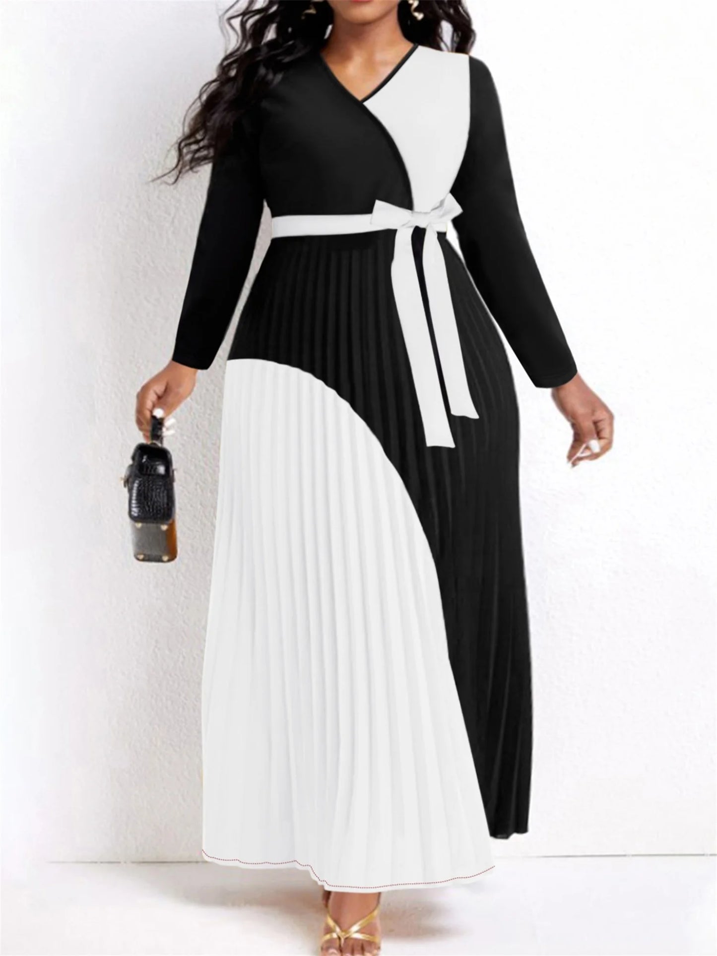 Colorblock Pleated Bandage Tiered Belted Long Sleeve V-Neck Sash Belt Maxi Dress to 5X Plus Size