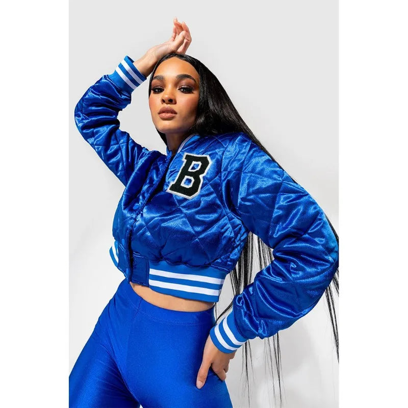 Satin Solid Color Letter Print Reflective Women's Varsity Baseball Lettermans Jacket