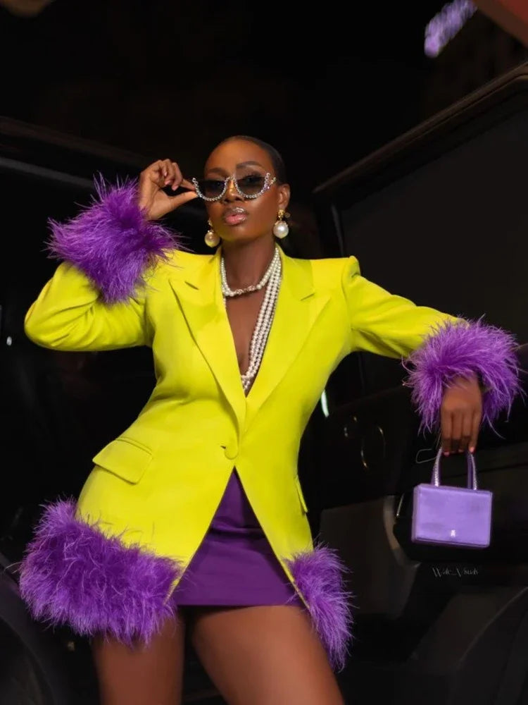 Yellow/Purple Designer Women's Single Button Feather Embellished Notched Collar Pocketed Blazer Jacket