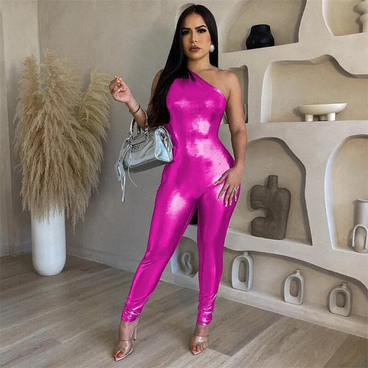 Metallic Solid Asymmetrical One Shoulder Sleeveless Skinny Jumpsuit