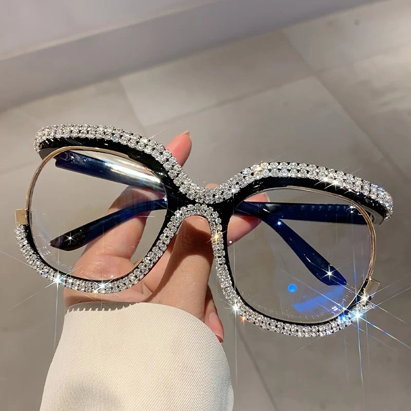 Rhinestone Crystal Decor Round Oversized Reading Eyeglasses